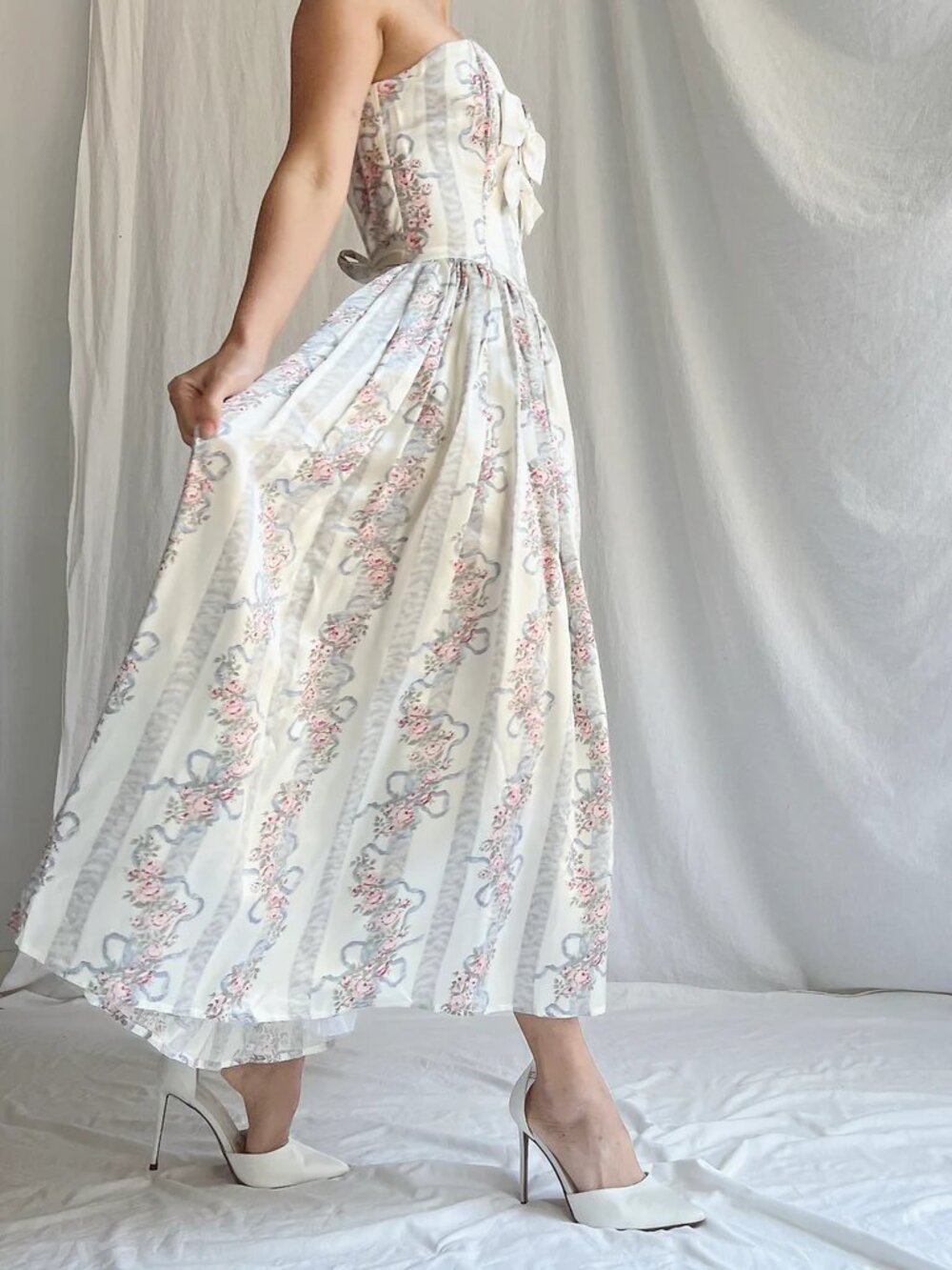 Gunne Sax Blue White Floral Bow Print Satin Midi Maxi Dress 5 - Picture 2 of 5